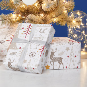 Papier Cadeau Blanc d'hiver, sapin de Noël et cerfs
