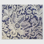 Papier Cadeau Blanc Élégant Fleurs Dentelle Antique Sur Navy (Plat)