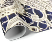 Papier Cadeau Blanc Élégant Fleurs Dentelle Antique Sur Navy (Coin rond)