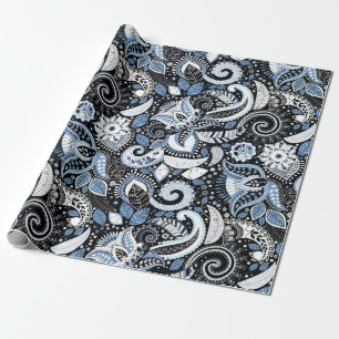 Papier Cadeau Blanc et bleu imprimé paisley fête d'anniversaire 