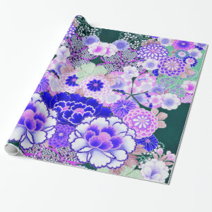Papier Cadeau BLANC FLEURS BLEUES Peony, Floral japonais Rose