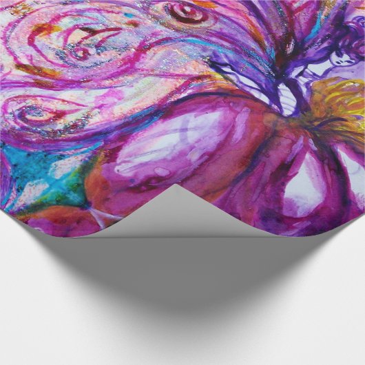 PAPIER CADEAU BLANC FLEURS CUTES ROSE ROSE PURPLE AILES BLEUES (Coin)