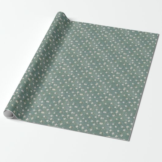 Papier Cadeau Blanc Floral Dusty Green (Déroulé)