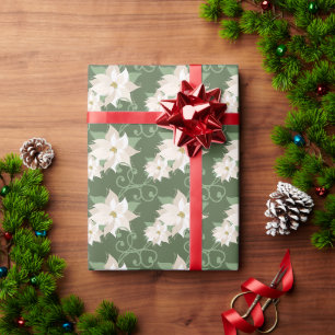 Papier Cadeau Blanc Poinsettia Motif torrents vert Noël