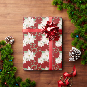 Papier Cadeau Blanc Poinsettia Motifs torrents Rouge Noël