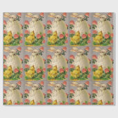 PAPIER CADEAU BLANC, POULET, FLEURS ROSES ET OEUF DE PÂQUES (Plat)