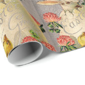 PAPIER CADEAU BLANC, POULET, FLEURS ROSES ET OEUF DE PÂQUES (Coin rond)