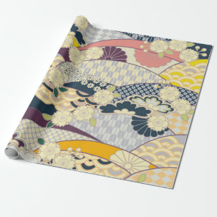 Papier Cadeau Blanc rose Bleu Japonais Kimono Floral Découpage
