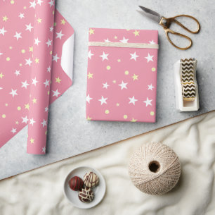 Papier Cadeau Blanc rose et jaune avec étoiles