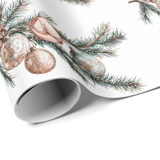 Papier Cadeau Blanc Rose or ornements Noël (Coin rond)