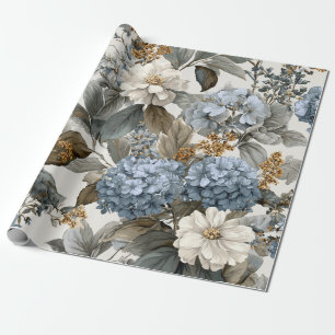 Papier Cadeau Blanc Rustique Fleurs Botaniques Bleues Floral Vin