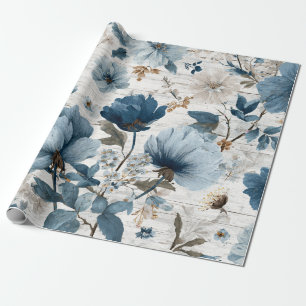 Papier Cadeau Blanc Rustique Fleurs Botaniques Bleues Floral Vin