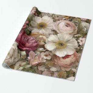 Papier Cadeau Blanc Rustique Fleurs Botaniques Floral Vintage Pa