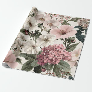 Papier Cadeau Blanc Rustique Fleurs Botaniques Floral Vintage Pa