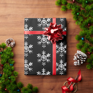 Papier Cadeau Blanc Rustique Flocon de Neige Noire Distressée Fê