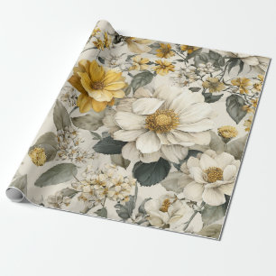 Papier Cadeau Blanc Rustique Jaune Botanique Floral Vintage