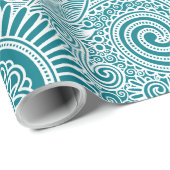 Papier Cadeau Blanc & Turquoise Vintage Paisley (Coin rond)