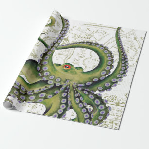 Papier Cadeau Blanc vintage de carte de poulpe vert