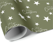 Papier Cadeau Blancs Joyeux Étoiles de Noël Sur Vert (Coin rond)