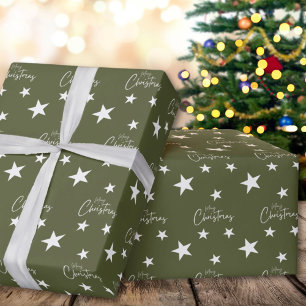 Papier Cadeau Blancs Joyeux Étoiles de Noël Sur Vert
