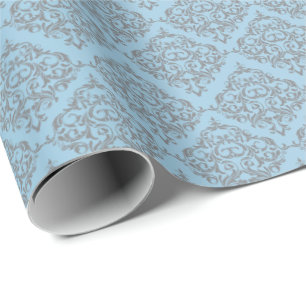 Papier Cadeau Bleu avec le motif gris de damassé