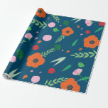 Papier Cadeau Bleu avec motif floral de couleur vibrante<br><div class="desc">Papier cadeau bleu avec motif floral de couleur vibrante. Unique,  élégant et moderne. Présentant mes illustrations florales et feuillages. Roses,  Pavots,  feuilles,  pétales en orange,  rose,  verts,  rouges.</div>