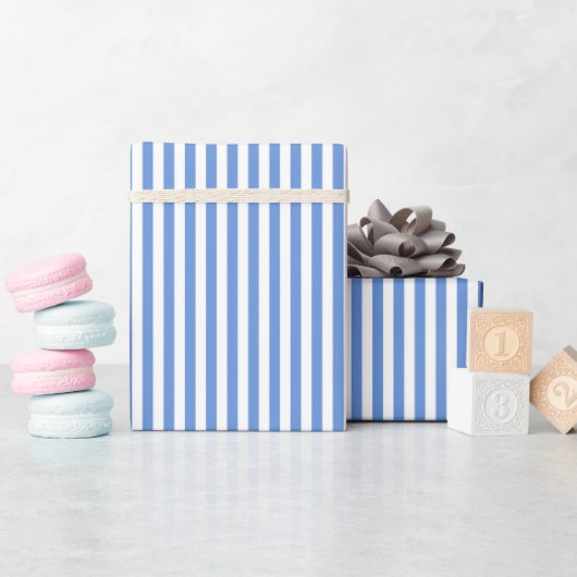 Papier Cadeau Bleu Barbeau et Rayures Blanches (Baby Shower)