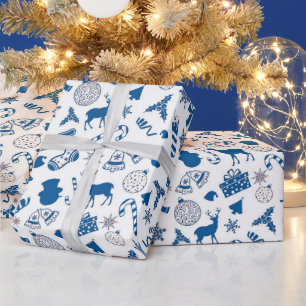 Papier Cadeau Bleu blanc argent motif emballage de Noël