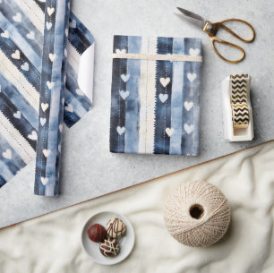 Papier Cadeau Bleu Blanc Denim Coeur rayures Anniversaire