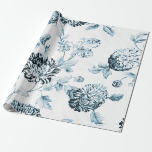 Papier Cadeau Bleu blanc et bleu Vintage Toile de fleurs botaniq