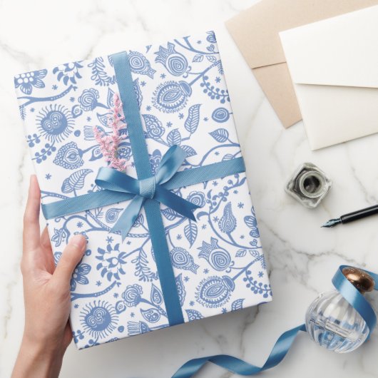 Papier Cadeau Bleu Blanc Floral Botanique Bohème Motif Fantaisis (Cadeaux)
