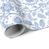 Papier Cadeau Bleu Blanc Floral Botanique Bohème Motif Fantaisis (Coin rond)