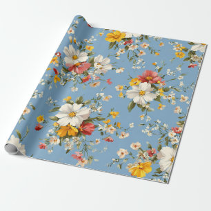Papier Cadeau Bleu Blanc Jaune Rouge Fleur Pastel Boho 70s
