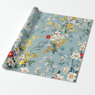 Papier Cadeau Bleu Blanc Jaune Rouge Fleur Pastel Boho 70s