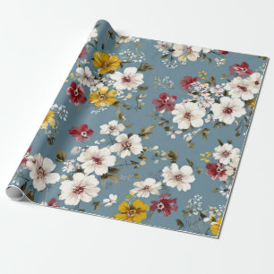 Papier Cadeau Bleu Blanc Jaune Rouge Fleur Pastel Boho 70s