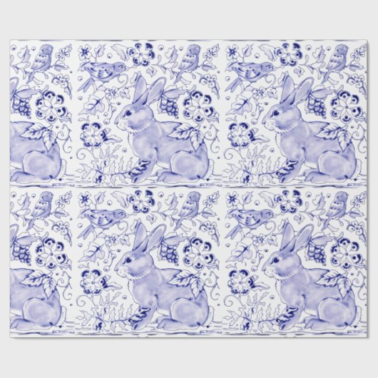 Papier Cadeau Bleu Bleu Lapin Lapin Oiseaux de lapin Dedham Pâqu (Plat)