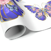 Papier Cadeau Bleu bleu rose or papillon Merci Floral (Coin rond)