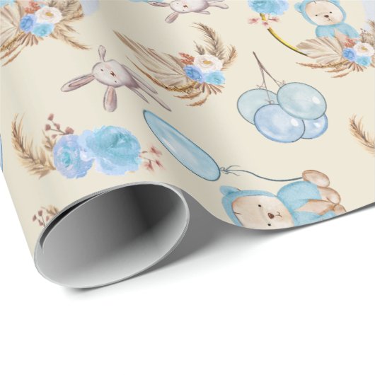 Papier Cadeau Bleu Boho Bear Lapin Lune (Coin rond)