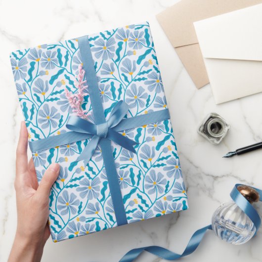 Papier Cadeau Bleu Boho Moyenne Siècle Moderne Flore Modèle (Cadeaux)