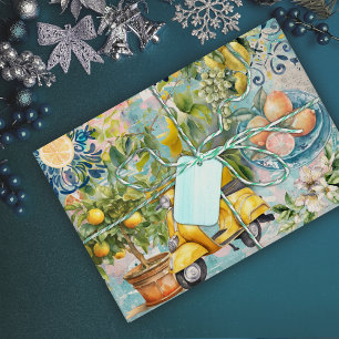Papier Cadeau Bleu Chic Turquoise Floral Citron Sicilien