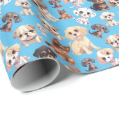 Papier Cadeau Bleu chien chiot mignon (Coin rond)