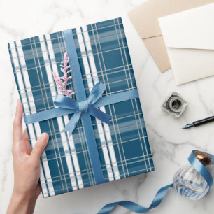 Papier Cadeau Bleu Classique et Carreaux Tartan à Rayures Blanch