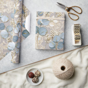 Papier Cadeau Bleu Crème Floral Élégant Or