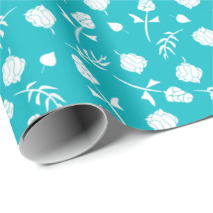 Papier Cadeau Bleu d'Aqua et recouvert de fleurs blanches de Ros
