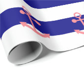 Papier Cadeau Bleu de marine et rose pâle Ancre nautique (Coin rond)