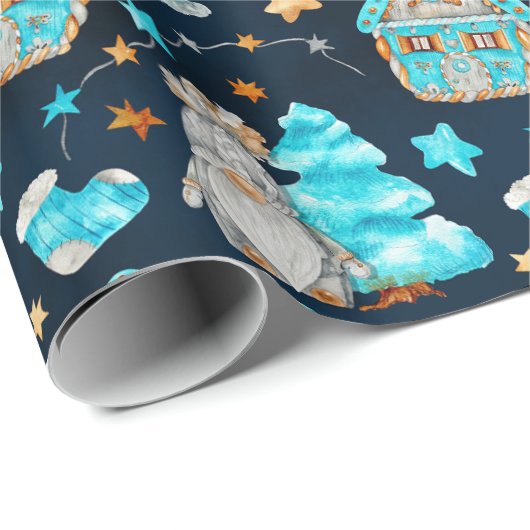 Papier Cadeau Bleu de Noël mignon Gnomes scandinaves (Coin rond)