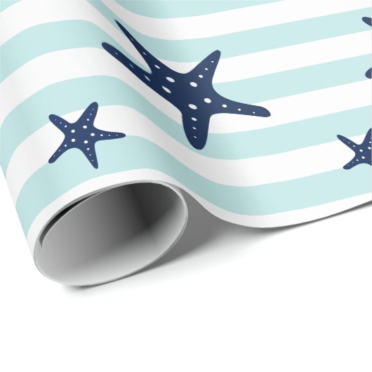 Papier Cadeau Bleu de poisson Starfish sur des rayures de menthe (Coin rond)