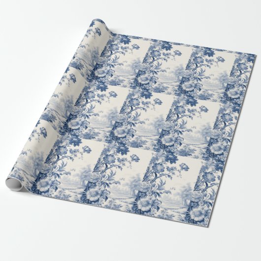 Papier Cadeau Bleu de toile à fleurs (Déroulé)