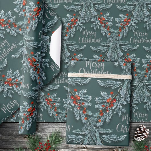 Papier Cadeau Bleu d'épinette Baies rouges Joyeux Noël