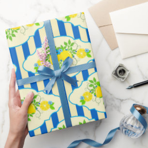 Papier Cadeau Bleu d'été et citrons et Motif Feuille